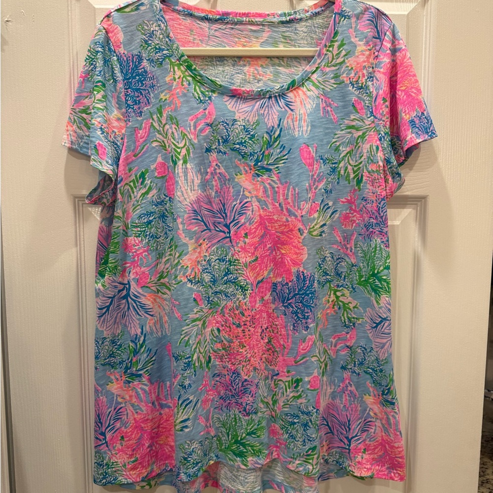 Lilly Pulitzer 100% Cotton Vibrant Pink and Blue Short Sleeve Top